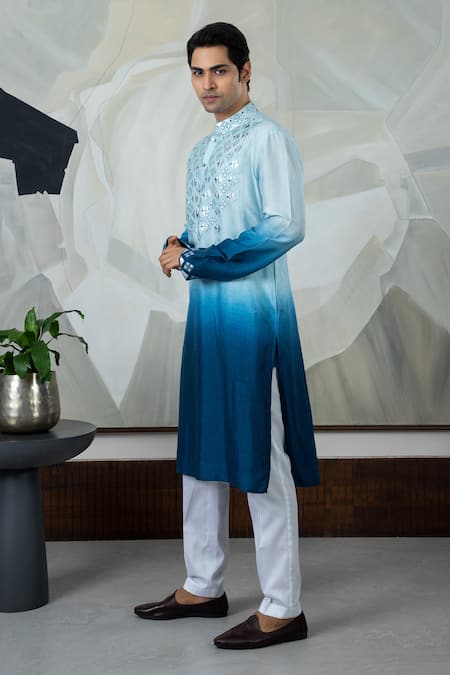 Smriti By Anju Agarwal_Blue Silk, Cotton Embroidery Geometric Yoke Kurta With Pajama _Online_at_Aza_Fashions