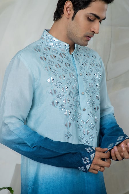 Buy_Smriti By Anju Agarwal_Blue Silk, Cotton Embroidery Geometric Yoke Kurta With Pajama _Online_at_Aza_Fashions