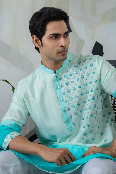 Shop_Smriti By Anju Agarwal_Blue Silk, Cotton Embroidery Placement Kurta Set _Online_at_Aza_Fashions