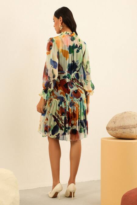 Shop Label Deepika Nagpal Multi Color Chiffon, Viscose Adriana Abstract Print Dress at Aza Fashions Shop_Label Deepika Nagpal_Multi Color Chiffon, Viscose Adriana Abstract Print Dress_at_Aza_Fashions