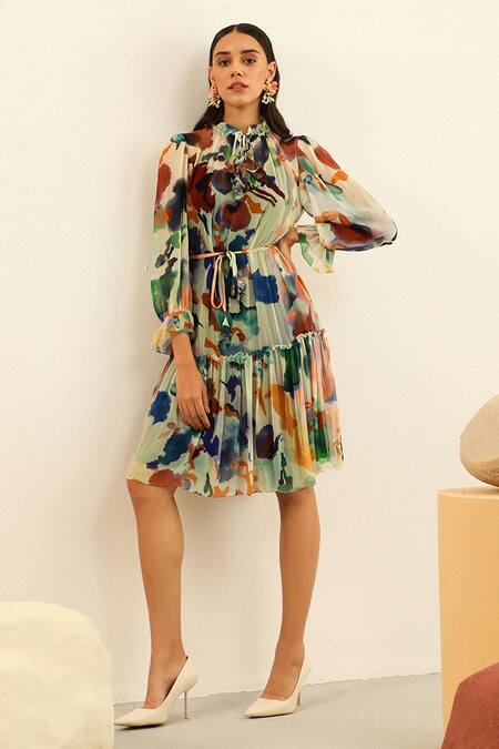 Label Deepika Nagpal Multi Color Chiffon, Viscose Adriana Abstract Print Dress Online at Aza Fashions Label Deepika Nagpal_Multi Color Chiffon, Viscose Adriana Abstract Print Dress_Online_at_Aza_Fashions