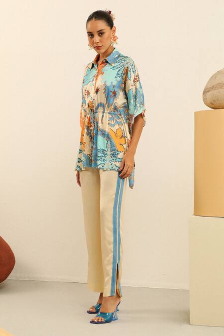 Buy_Label Deepika Nagpal_Blue Silk, Crepe Collared Serena Kimono Oversized Top And Pant Set_Online_at_Aza_Fashions