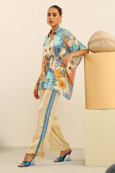 Label Deepika Nagpal_Blue Silk, Crepe Collared Serena Kimono Oversized Top And Pant Set_at_Aza_Fashions