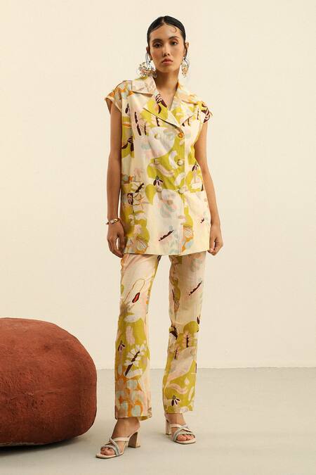 Label Deepika Nagpal_Beige Linen, Handloom Cotton Diana Printed Blazer And Trouser Set_Online_at_Aza_Fashions