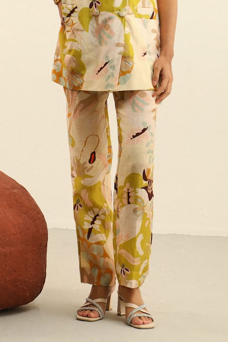 Buy_Label Deepika Nagpal_Beige Linen, Handloom Cotton Diana Printed Blazer And Trouser Set_Online_at_Aza_Fashions