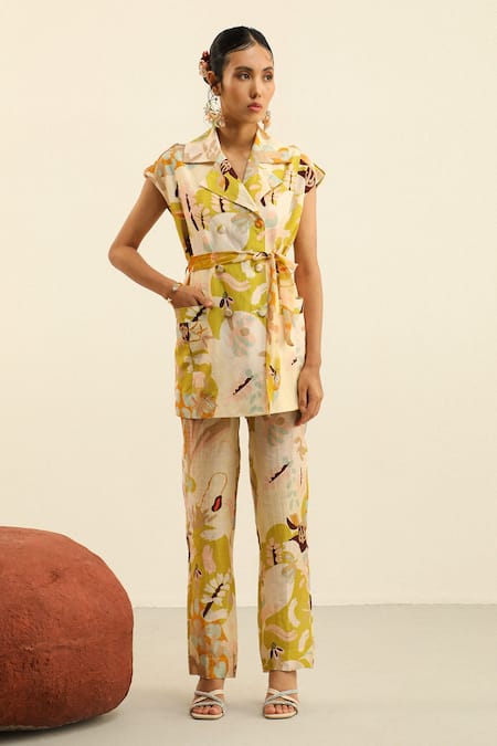 Label Deepika Nagpal_Beige Linen, Handloom Cotton Diana Printed Blazer And Trouser Set_at_Aza_Fashions