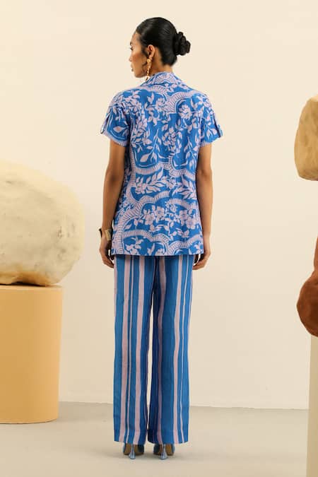 Shop Label Deepika Nagpal Blue Handloom Cotton, Linen Embroidery Round Sydney Printed Blazer Trouser Set at Aza Fashions Shop_Label Deepika Nagpal_Blue Handloom Cotton, Linen Embroidery Round Sydney Printed Blazer Trouser Set_at_Aza_Fashions