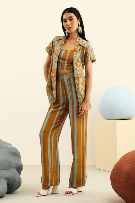 Shop Label Deepika Nagpal Yellow Linen, Handloom Cotton Embroidery Round Sydney Printed Blazer Pant Set at Aza Fashions Shop_Label Deepika Nagpal_Yellow Linen, Handloom Cotton Embroidery Round Sydney Printed Blazer Pant Set _at_Aza_Fashions