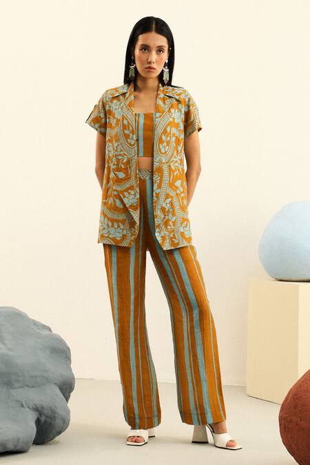 Shop Label Deepika Nagpal Yellow Linen, Handloom Cotton Embroidery Round Sydney Printed Blazer Pant Set Online at Aza Fashions Shop_Label Deepika Nagpal_Yellow Linen, Handloom Cotton Embroidery Round Sydney Printed Blazer Pant Set _Online_at_Aza_Fashions