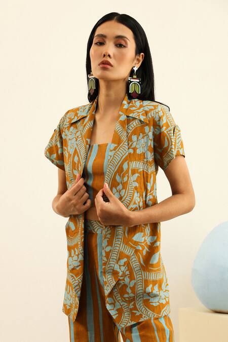 Buy Label Deepika Nagpal Yellow Linen, Handloom Cotton Embroidery Round Sydney Printed Blazer Pant Set Buy_Label Deepika Nagpal_Yellow Linen, Handloom Cotton Embroidery Round Sydney Printed Blazer Pant Set