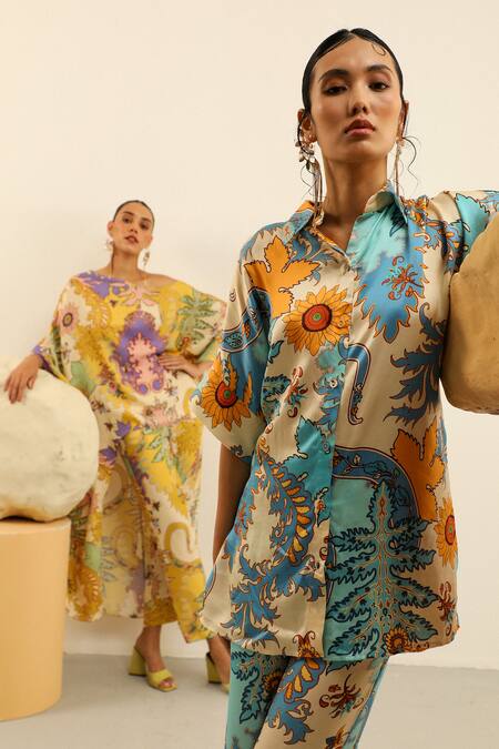 Label Deepika Nagpal Blue Silk Split V-neck Heather Printed Shirt And Pant Set Online at Aza Fashions Label Deepika Nagpal_Blue Silk Split V-neck Heather Printed Shirt And Pant Set_Online_at_Aza_Fashions