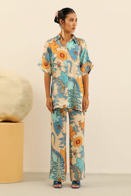 Buy Label Deepika Nagpal Blue Silk Split V-neck Heather Printed Shirt And Pant Set Online at Aza Fashions Buy_Label Deepika Nagpal_Blue Silk Split V-neck Heather Printed Shirt And Pant Set_Online_at_Aza_Fashions