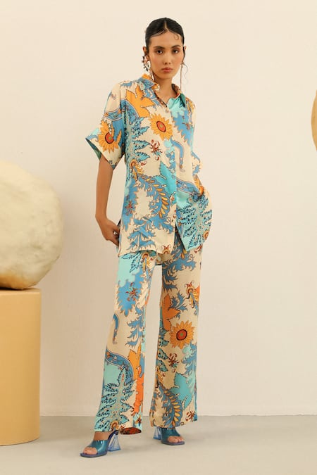 Shop Label Deepika Nagpal Blue Silk Split V-neck Heather Printed Shirt And Pant Set Online at Aza Fashions Shop_Label Deepika Nagpal_Blue Silk Split V-neck Heather Printed Shirt And Pant Set_Online_at_Aza_Fashions