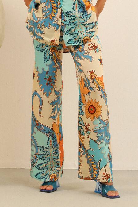 Label Deepika Nagpal Blue Silk Split V-neck Heather Printed Shirt And Pant Set at Aza Fashions Label Deepika Nagpal_Blue Silk Split V-neck Heather Printed Shirt And Pant Set_at_Aza_Fashions