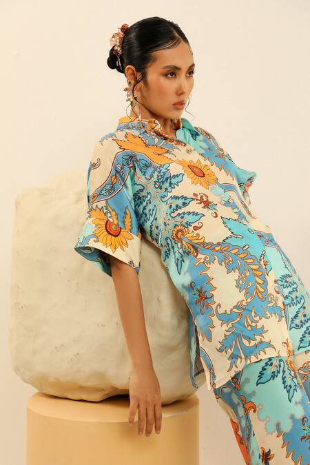 Buy Label Deepika Nagpal Blue Silk Split V-neck Heather Printed Shirt And Pant Set Buy_Label Deepika Nagpal_Blue Silk Split V-neck Heather Printed Shirt And Pant Set