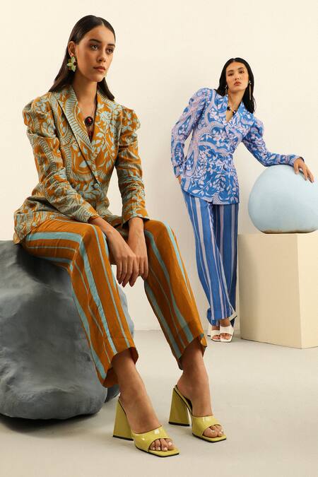 Label Deepika Nagpal_Blue Handloom Cotton, Linen Destiny Blazer And Pant Set_Online_at_Aza_Fashions