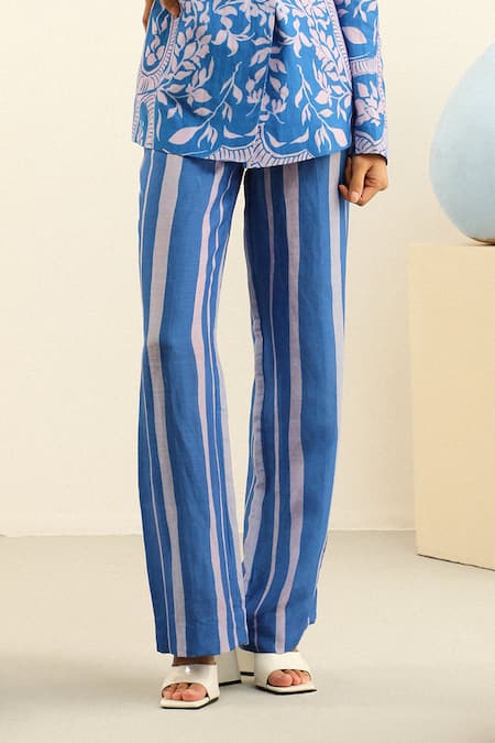 Buy_Label Deepika Nagpal_Blue Handloom Cotton, Linen Destiny Blazer And Pant Set_Online_at_Aza_Fashions