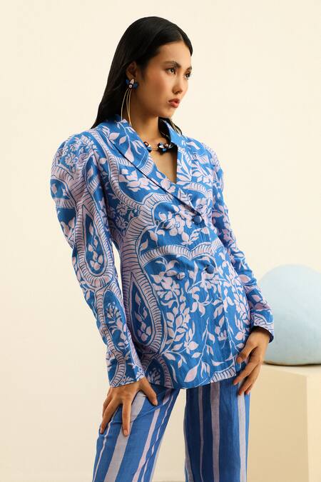 Label Deepika Nagpal_Blue Handloom Cotton, Linen Destiny Blazer And Pant Set_at_Aza_Fashions