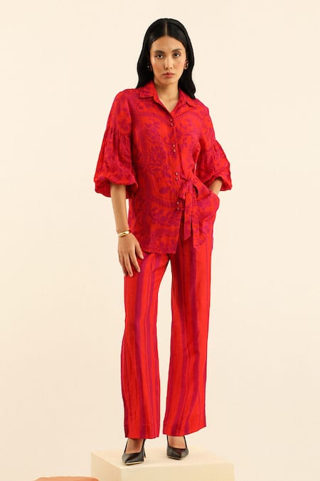 Label Deepika Nagpal Orange Handloom Linen Printed Floral Spread Blair Shirt And Pant Set 