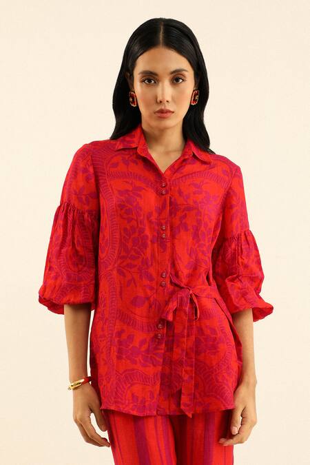 Label Deepika Nagpal Orange Handloom Linen Printed Floral Spread Collar Blair Shirt 