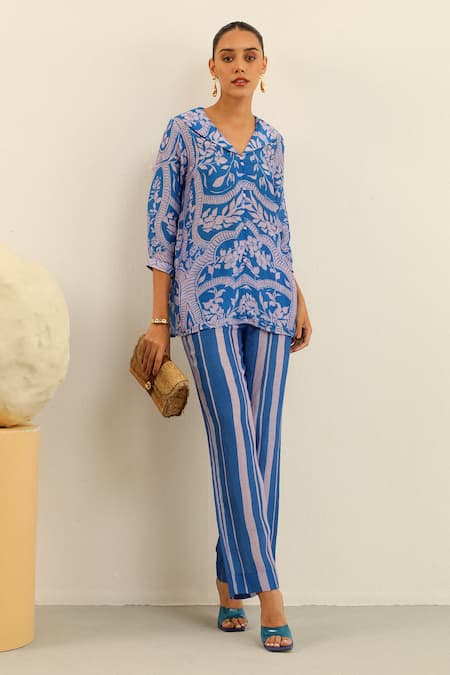 Label Deepika Nagpal Blue Handloom Linen Printed Floral Lapel Collar Grace Shirt 