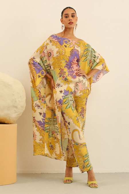 Label Deepika Nagpal Yellow Mulberry Silk Printed One-shoulder Jasper Top 