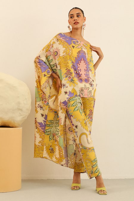 Buy_Label Deepika Nagpal_Yellow Silk One Shoulder Jasper Printed Top_Online_at_Aza_Fashions