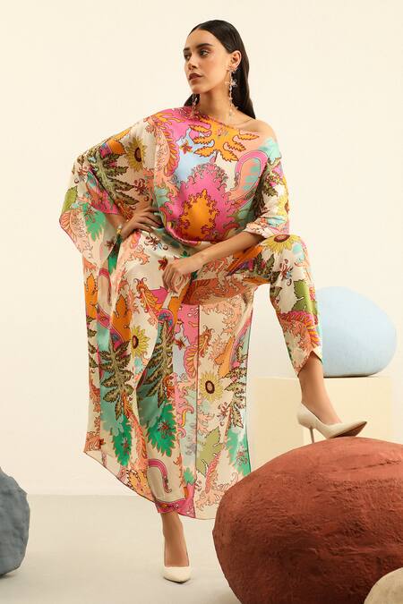 Shop_Label Deepika Nagpal_Magenta Silk One Shoulder Jasper Asymmetric Top And Pant Set_Online_at_Aza_Fashions