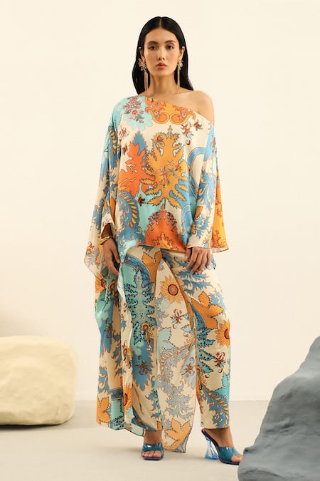 Label Deepika Nagpal Blue Mulberry Silk Printed One-shoulder Jasper Asymmetric Top And Pant Set 