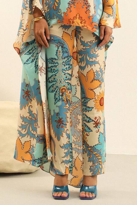 Label Deepika Nagpal_Blue Silk One Shoulder Jasper Asymmetric Top And Pant Set_Online_at_Aza_Fashions