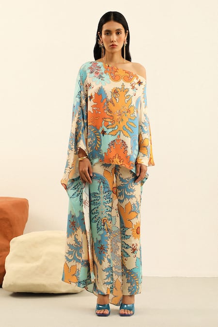 Buy_Label Deepika Nagpal_Blue Silk One Shoulder Jasper Asymmetric Top And Pant Set_Online_at_Aza_Fashions
