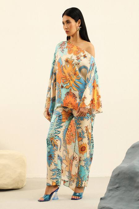 Shop_Label Deepika Nagpal_Blue Silk One Shoulder Jasper Asymmetric Top And Pant Set_Online_at_Aza_Fashions