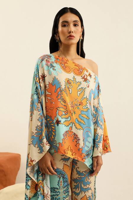 Buy_Label Deepika Nagpal_Blue Silk One Shoulder Jasper Asymmetric Top And Pant Set