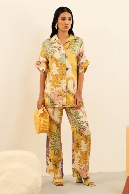 Label Deepika Nagpal Yellow Mulberry Silk Printed Shirt Collar Heather And Pant Set 