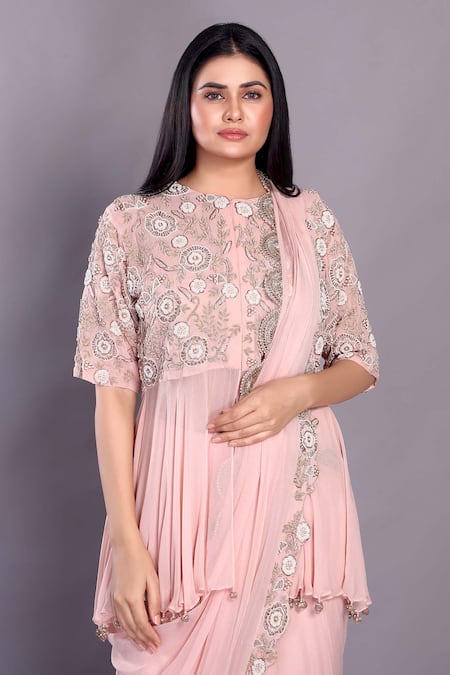 Preeti Jhawar_Pink Georgette, Crepe Pearls, Zari Round Floral Embroidered Sharara Saree Set _Online_at_Aza_Fashions