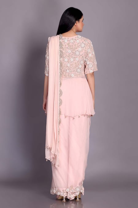 Shop_Preeti Jhawar_Pink Georgette, Crepe Pearls, Zari Round Floral Embroidered Sharara Saree Set _at_Aza_Fashions