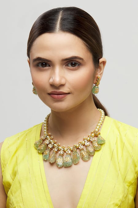 Moh-Maya by Disha Khatri Gold Plated Pearls, Metallic Thread, Stones Kundan Meenakari Necklace Set 