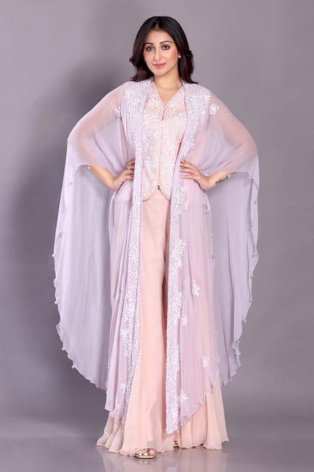 Preeti Jhawar Purple Chiffon, Georgette Beads, Cut Work V-neck Embellished Cape Sharara Set 