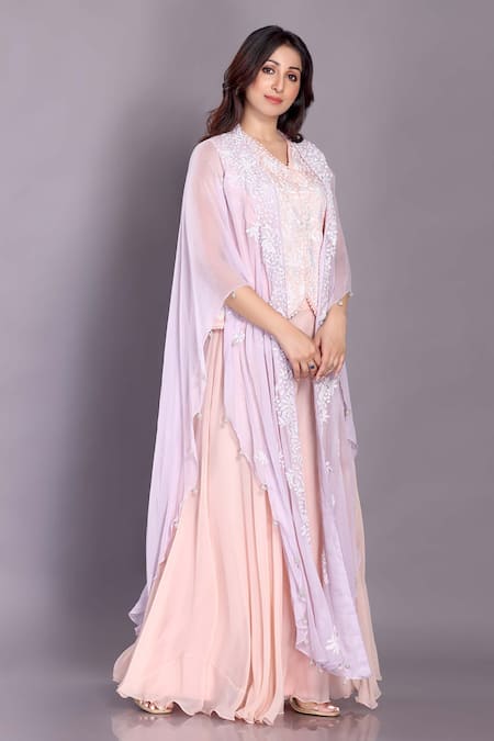 Buy_Preeti Jhawar_Purple Chiffon, Georgette Beads, Cut Work V-neck Embellished Cape Sharara Set _Online_at_Aza_Fashions