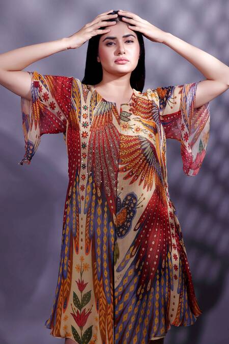 Preeti Jhawar Multi Color Chiffon, Georgette Beads, Cut Work, Bird Print Tunic And Palazzo Set Online at Aza Fashions Preeti Jhawar_Multi Color Chiffon, Georgette Beads, Cut Work, Bird Print Tunic And Palazzo Set _Online_at_Aza_Fashions