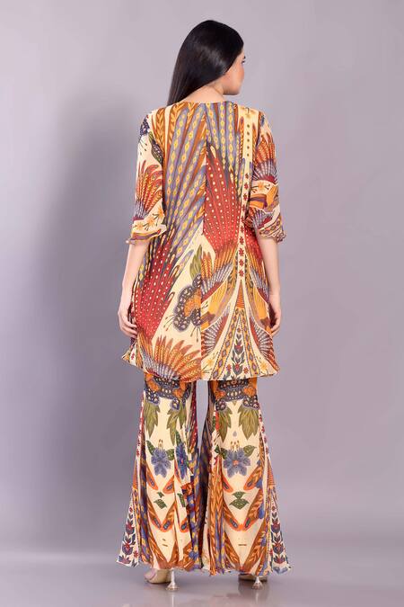 Shop Preeti Jhawar Multi Color Chiffon, Georgette Beads, Cut Work, Bird Print Tunic And Palazzo Set at Aza Fashions Shop_Preeti Jhawar_Multi Color Chiffon, Georgette Beads, Cut Work, Bird Print Tunic And Palazzo Set _at_Aza_Fashions