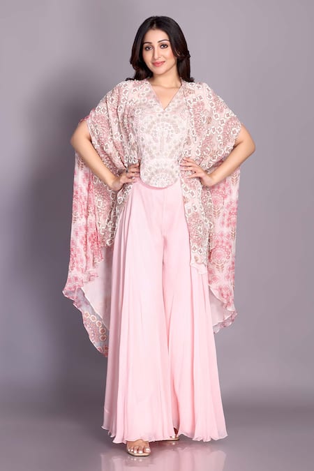 Preeti Jhawar Pink Chiffon, Handloom Cotton, Georgette Zari, Floral Cape Sharara Set 
