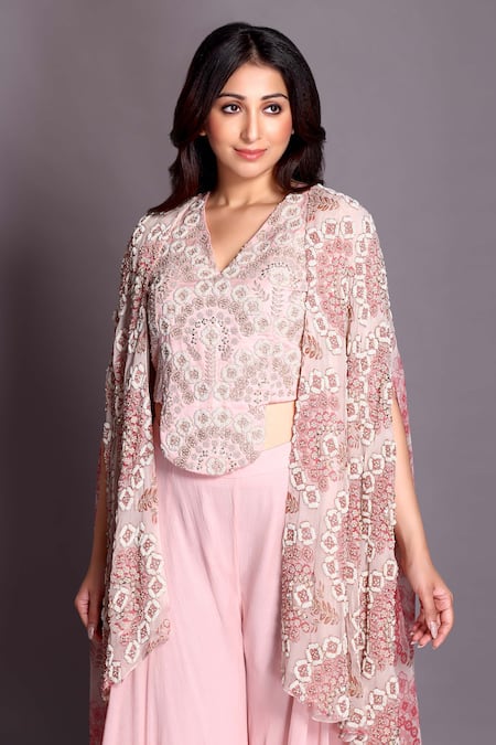 Preeti Jhawar Pink Chiffon, Handloom Cotton, Georgette Zari, Floral Cape Sharara Set Online at Aza Fashions Preeti Jhawar_Pink Chiffon, Handloom Cotton, Georgette Zari, Floral Cape Sharara Set _Online_at_Aza_Fashions