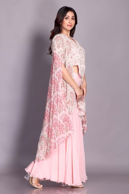 Buy Preeti Jhawar Pink Chiffon, Handloom Cotton, Georgette Zari, Floral Cape Sharara Set Online at Aza Fashions Buy_Preeti Jhawar_Pink Chiffon, Handloom Cotton, Georgette Zari, Floral Cape Sharara Set _Online_at_Aza_Fashions