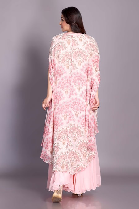 Shop Preeti Jhawar Pink Chiffon, Handloom Cotton, Georgette Zari, Floral Cape Sharara Set at Aza Fashions Shop_Preeti Jhawar_Pink Chiffon, Handloom Cotton, Georgette Zari, Floral Cape Sharara Set _at_Aza_Fashions