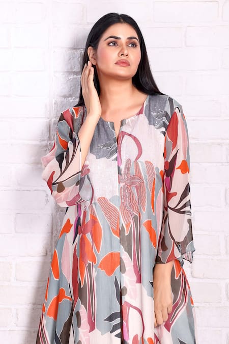 Preeti Jhawar Multi Color Chiffon Cut Work, Sequins Tropical Print Kurta And Palazzo Set Online at Aza Fashions Preeti Jhawar_Multi Color Chiffon Cut Work, Sequins Tropical Print Kurta And Palazzo Set _Online_at_Aza_Fashions