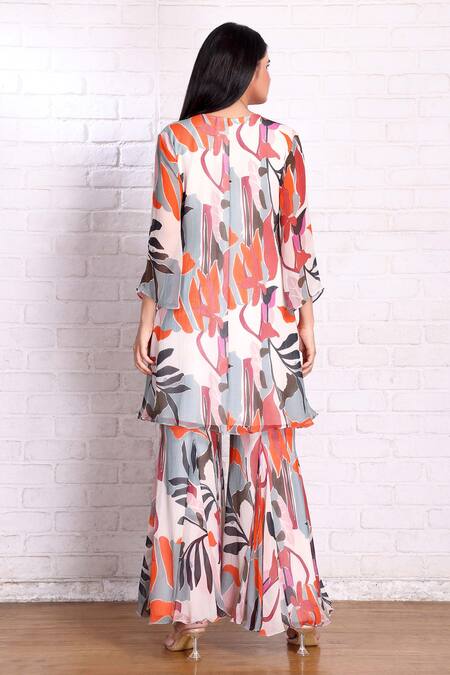 Shop Preeti Jhawar Multi Color Chiffon Cut Work, Sequins Tropical Print Kurta And Palazzo Set at Aza Fashions Shop_Preeti Jhawar_Multi Color Chiffon Cut Work, Sequins Tropical Print Kurta And Palazzo Set _at_Aza_Fashions