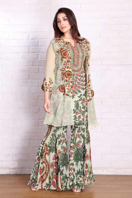 Buy_Preeti Jhawar_Green Chiffon Embroidery, Applique Open Neck, Keyhole Aari Jacket Palazzo Set _Online_at_Aza_Fashions
