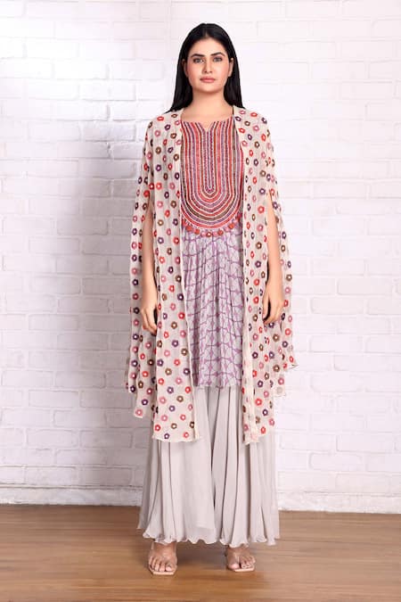 Buy_Preeti Jhawar_Silver Chiffon Embroidery Floral Cape Kurta Sharara Set _Online_at_Aza_Fashions