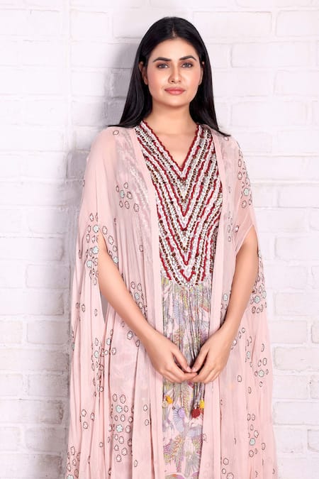 Preeti Jhawar_Multi Color Chiffon Embroidery, Sequins, Tassels Floral Print Cape Sharara Set _Online_at_Aza_Fashions